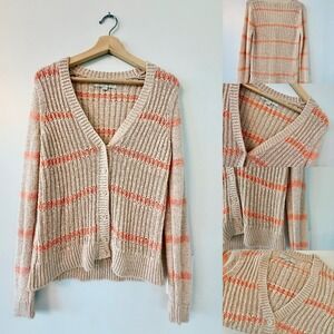 Ann Taylor Loft‎ Women's Sweater Cardigan Small Chunky Knit Pink Striped Button